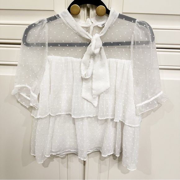 Zara Womens White Cream Swiss Dot Semi Sheer Tiered Ruffle Pussybow Tie Neck Top - Picture 4 of 13